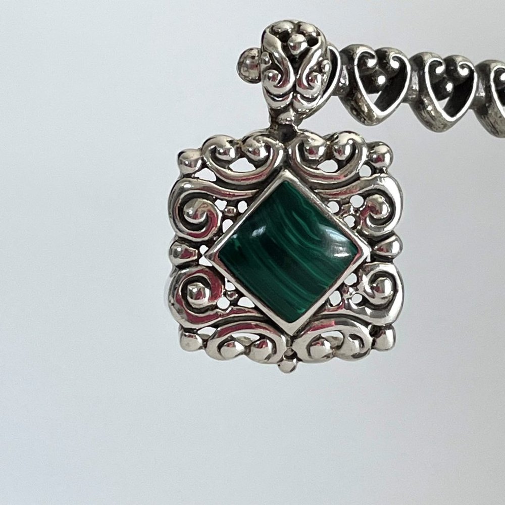 925 Sterling Silver Hallmarked Mexico Bali Style Square Malachite Pendant
